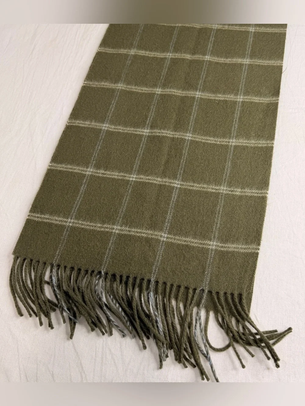 Pronto Uomo 100 Pure New Wool Scarf Olive Green Windowpane Fringe Woolmark